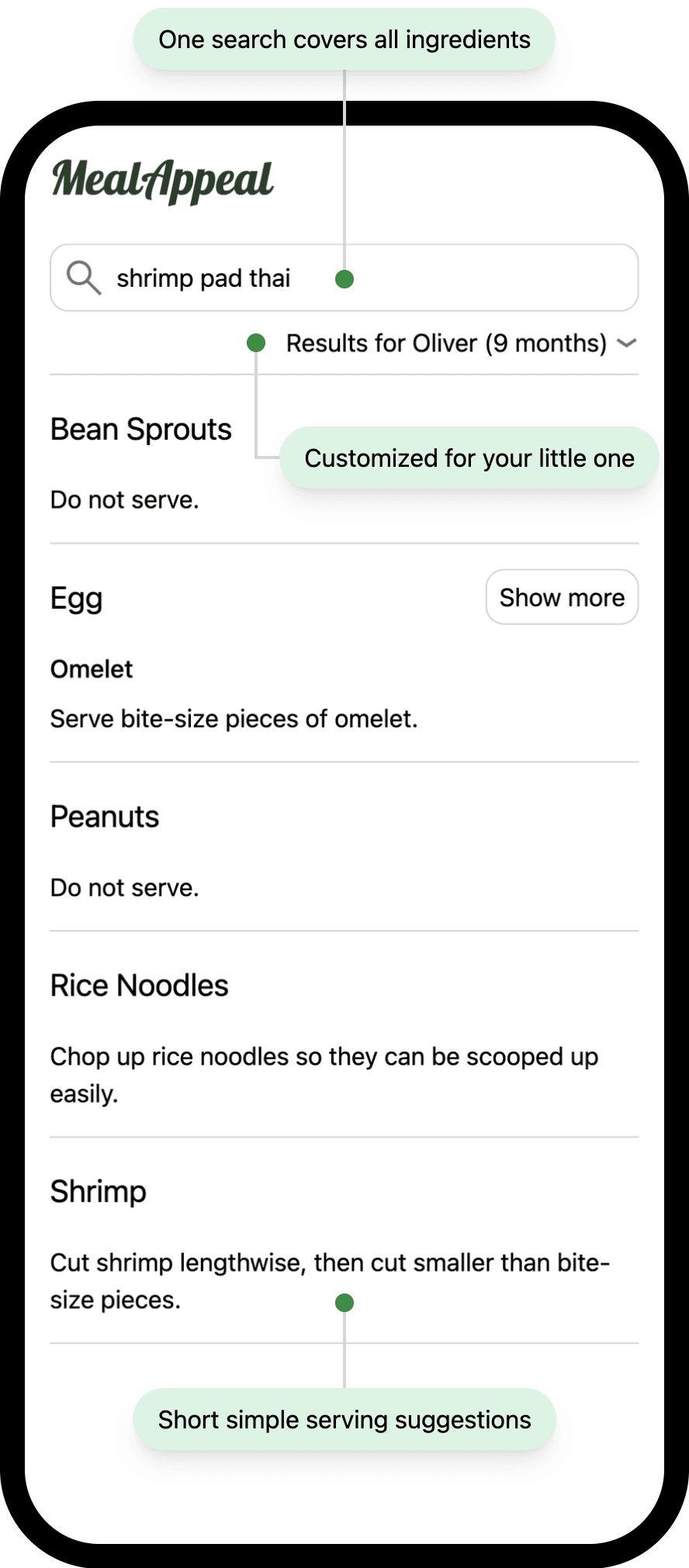 Screenshot showing a MealAppeal search for shrimp pad thai